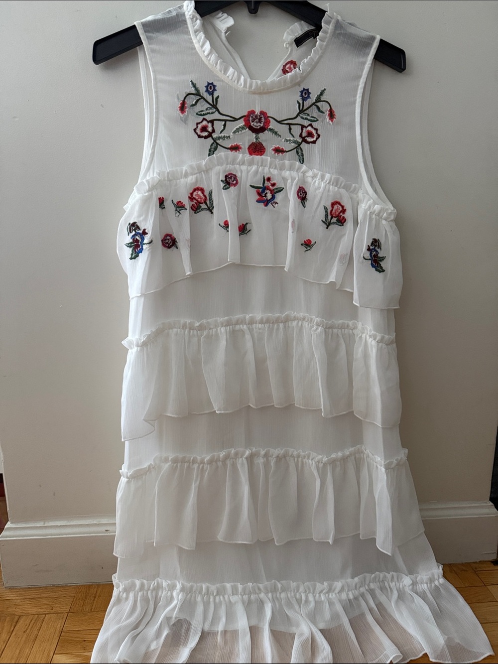 White Embroidered Ruffle Midi Dress - Feminine Floral Detail